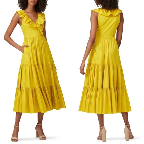 Kate Spade • Poplin Ruffle Tiered Dress mustard yellow gold cotton maxi midi - Picture 14 of 14